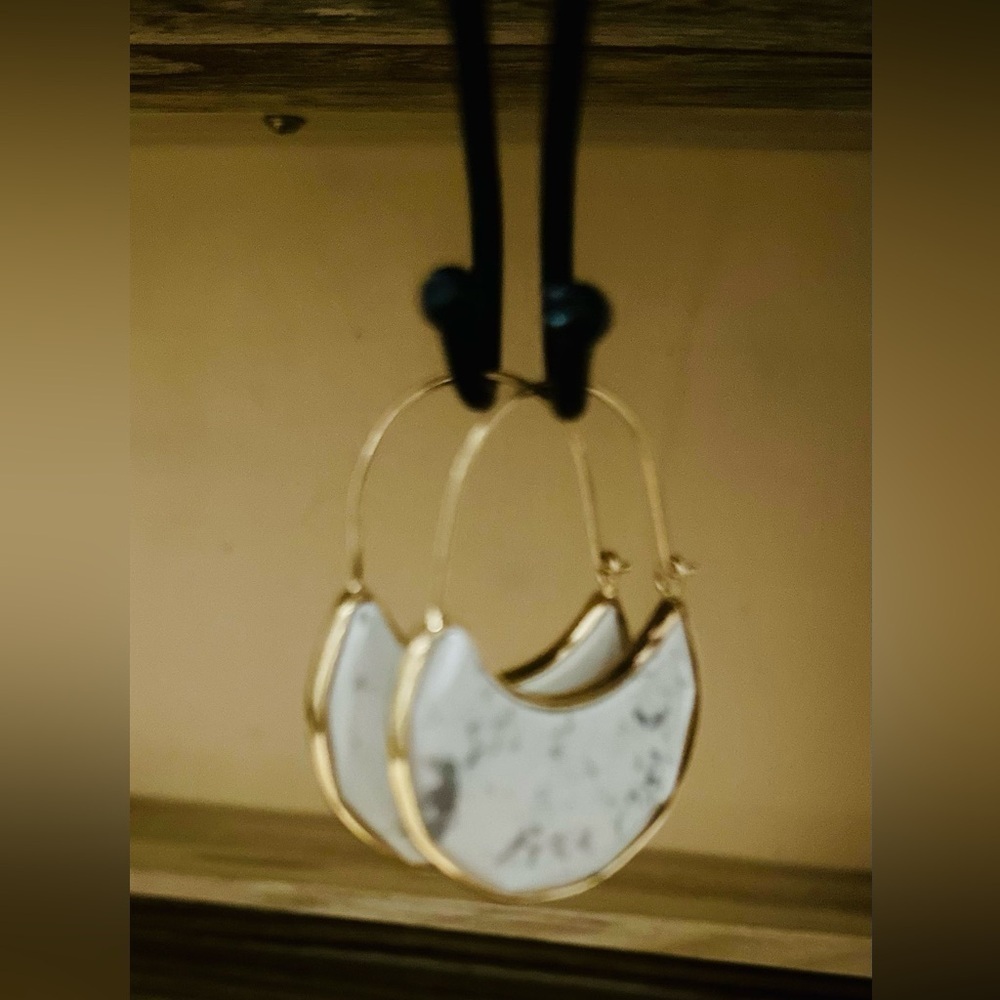 White Howlite Round Hoop Marble and gold Earrings Hoops by Minor Metal. - Picture 5 of 8